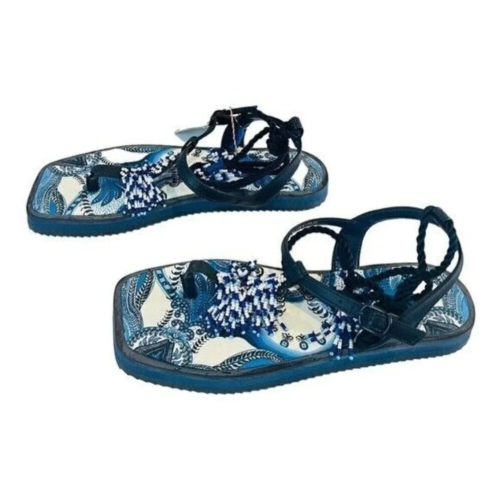 FARM RIO Blue Tile Beaded Flat Lace Up Sandals Blue NEW $260